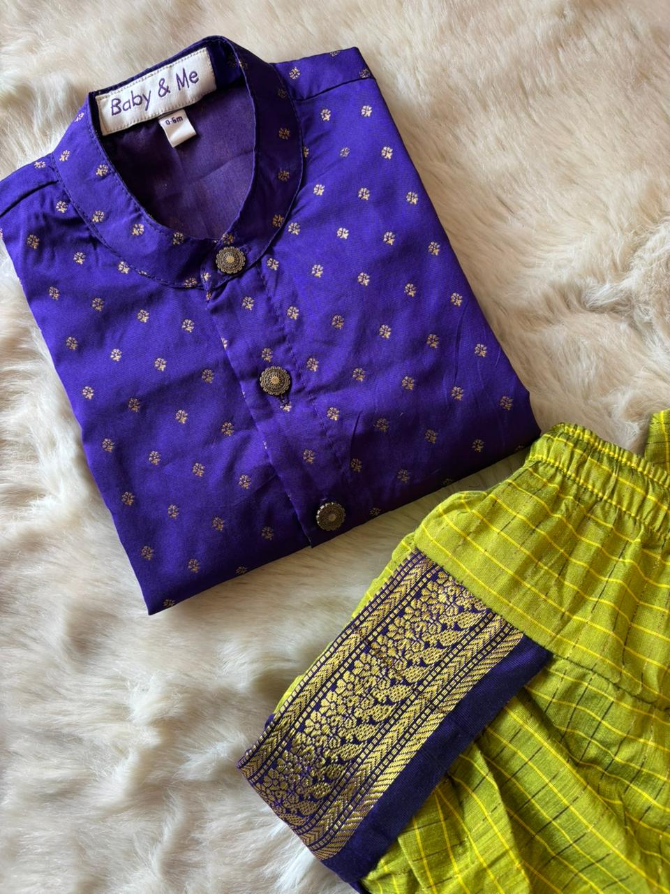 Purple with Green checked kurta dhoti baby boy ethnic wear