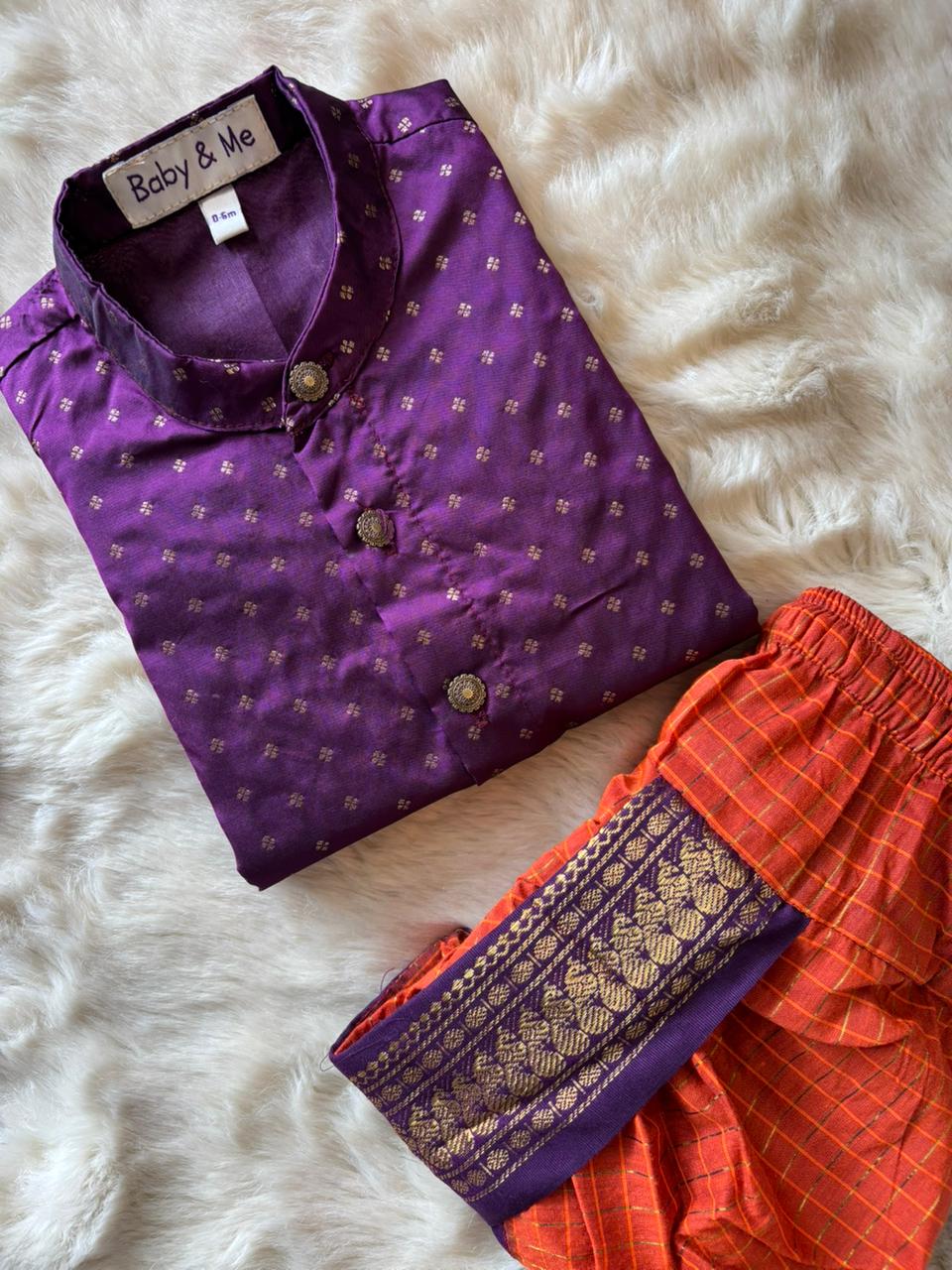 Wine Butta with Rusty Orange kurta dhoti baby boy ethnic wear