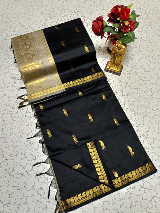 Black with gold - Premium Cotton Silk Saree with Contrast Blouse