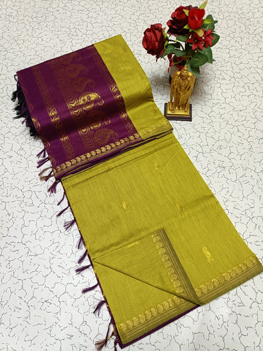Olive with Wine - Premium Cotton Silk Saree with Contrast Blouse