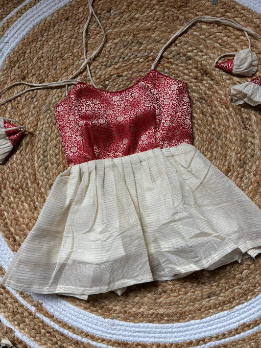 Kerala Special - red with milk white frock for festivals with head bow, shoes and undie