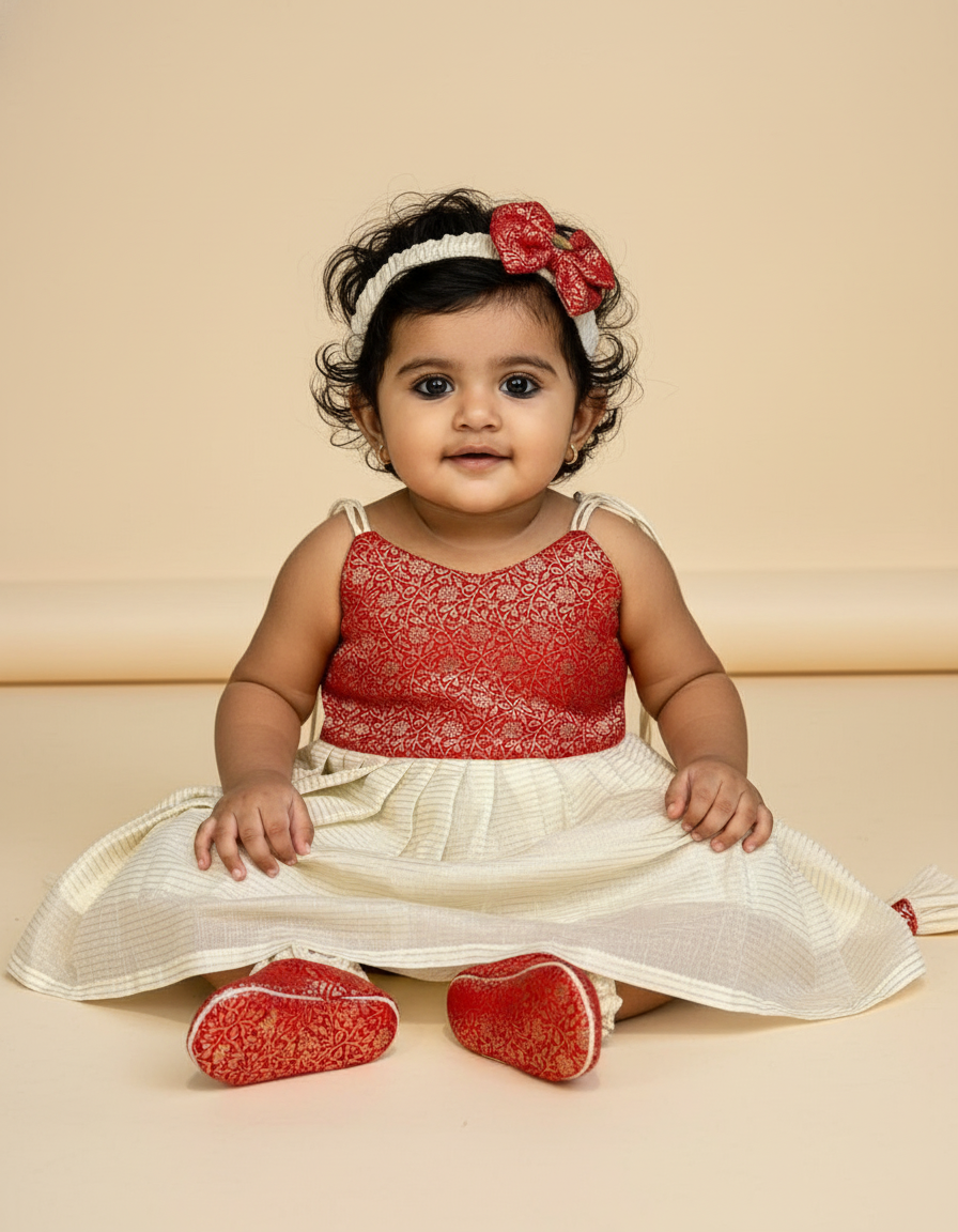 Kerala Special - red with milk white frock for festivals with head bow, shoes and undie for baby girl
