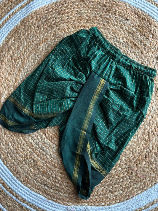 Bottle green checked with gold  zari border dhoti baby boy ethnic bottom wear