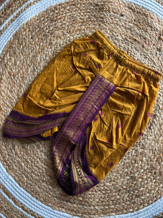 Mustard yellow with wine border cotton silk dhoti baby boy ethnic bottom wear