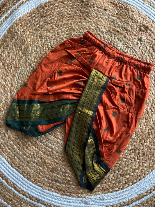 Rusty orange with bottle green zari border dhoti baby boy ethnic bottom wear