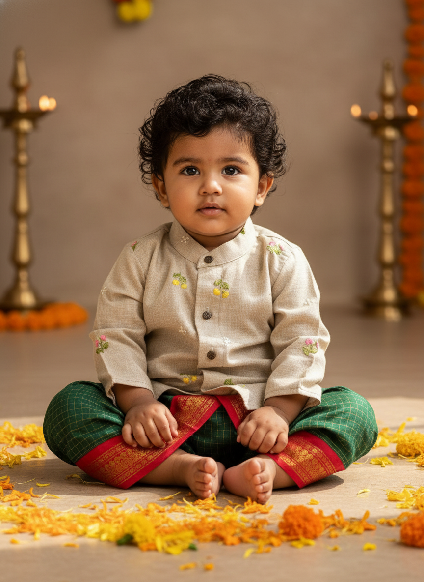 Pure Linen Grey and Bottle green red zari Kurta Dhoti for baby boy