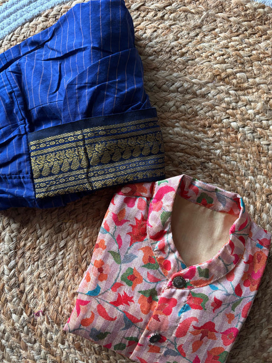 Traditional Indian Multi floral Autumn with blue checks kurta dhoti baby boy ethnic wear