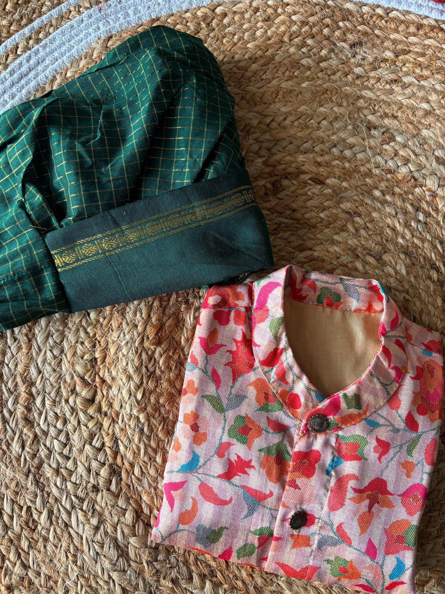 Traditional Indian Multi floral Autumn with Bottle green checks kurta dhoti baby boy ethnic wear