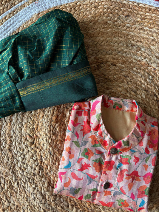 Traditional Indian Multi floral Autumn with Bottle green checks kurta dhoti baby boy ethnic wear