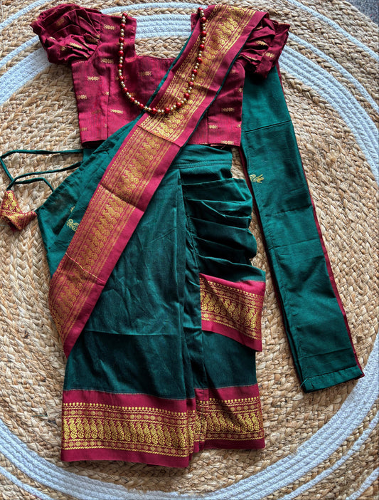 bottle green and Maroon - Ready to wear muttukattam saree for kids Ethnic wear for baby girl