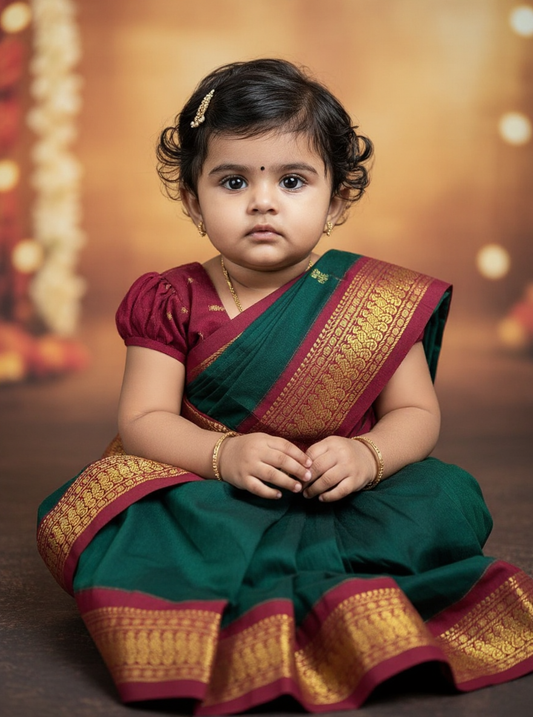 bottle green and Maroon - Ready to wear muttukattam saree for kids Ethnic wear for baby girl