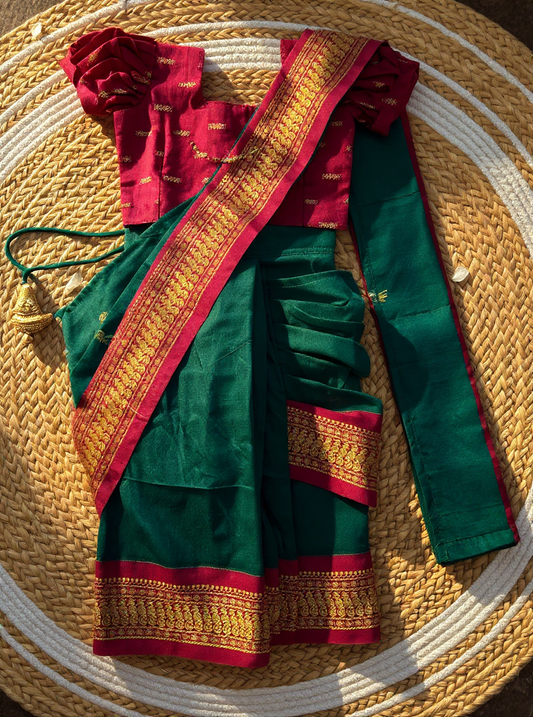 bottle green and Maroon - Ready to wear muttukattam saree for kids Ethnic wear for baby girl