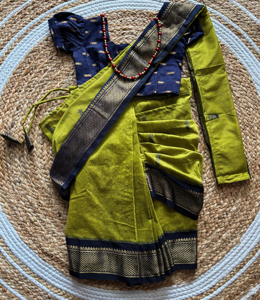 Lime green and navy blue  - Ready to wear muttukattam saree for kids Ethnic wear for baby girl