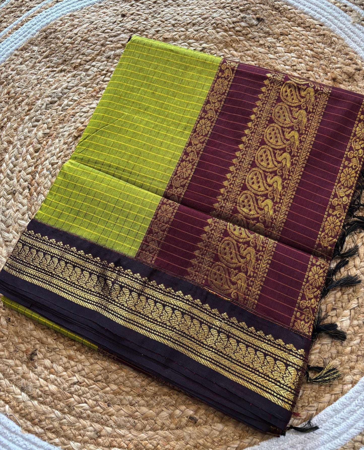 Checked green and maroon - Premium Cotton Silk Saree with Contrast Blouse