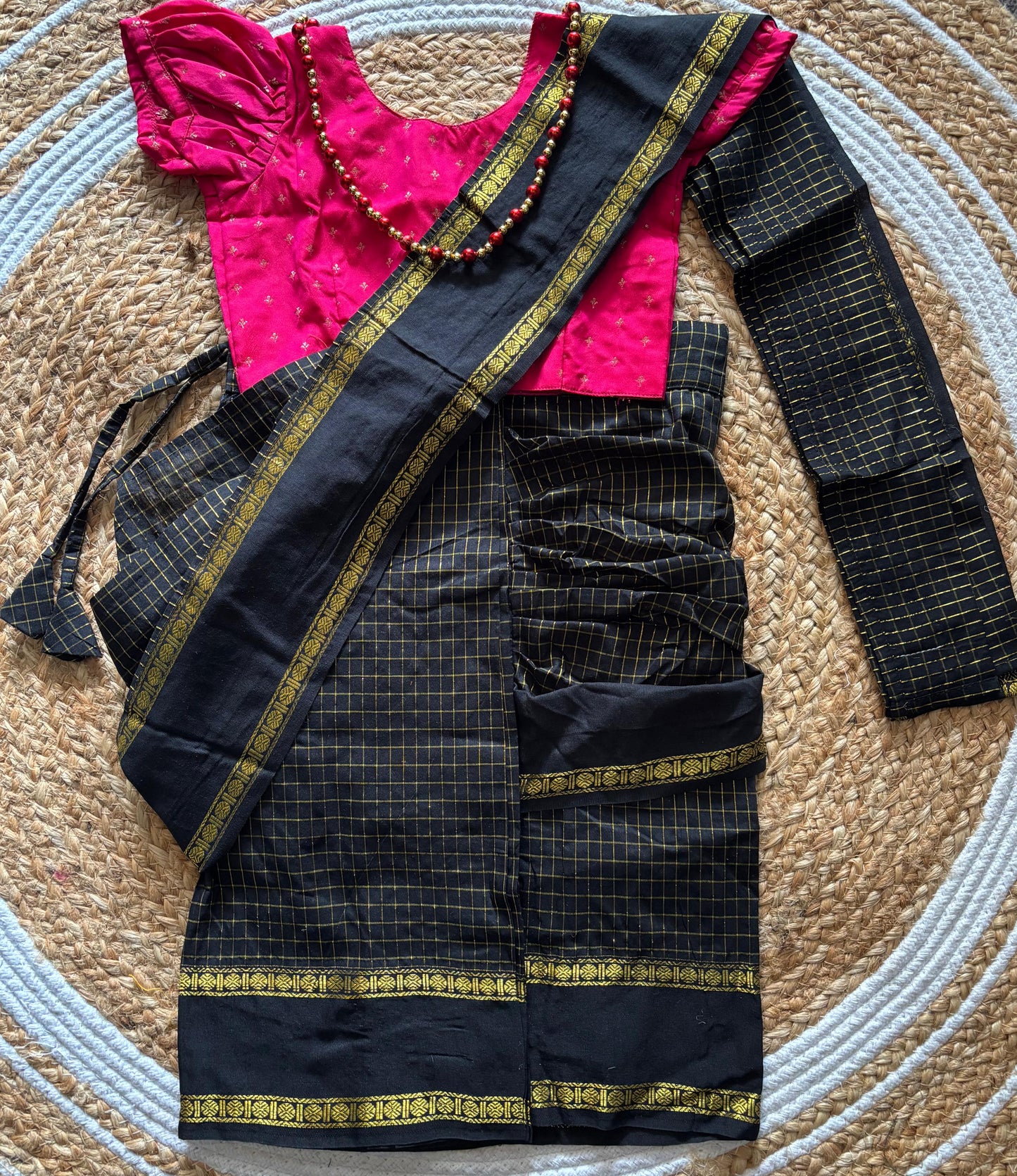Checked Black and pink - Ready to wear muthukattam saree for kids Ethnic wear for baby girl