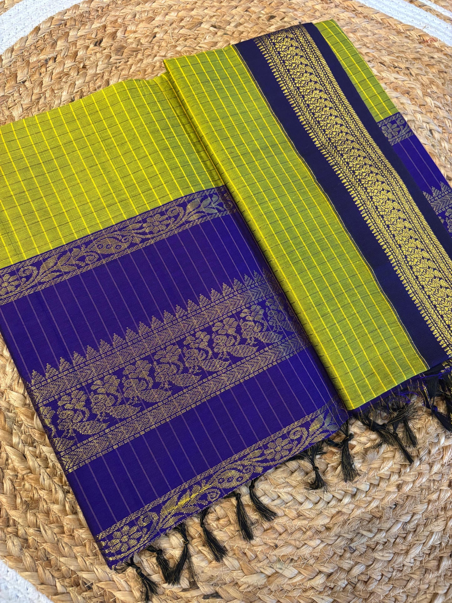 Green and purple - Premium Checked Cotton Chequered Silk Saree with Contrast Blouse