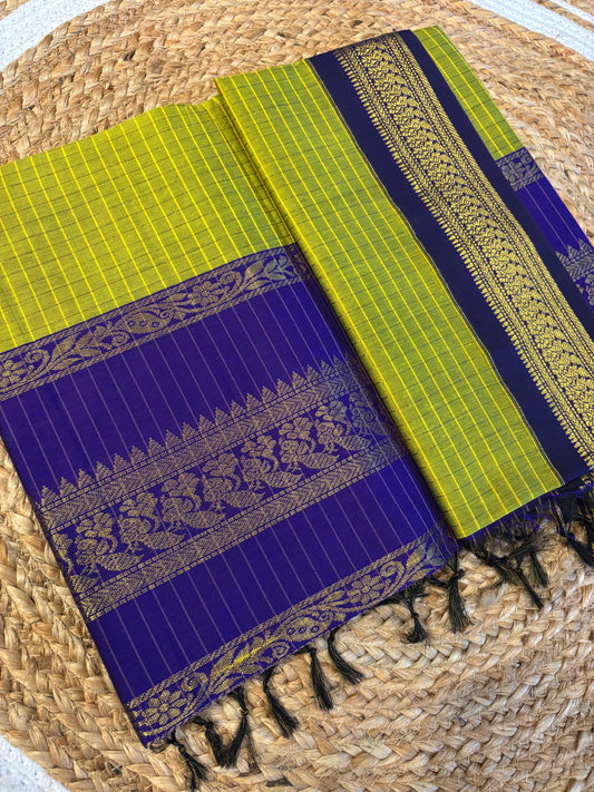 Green and purple - Premium Checked Cotton Chequered Silk Saree with Contrast Blouse
