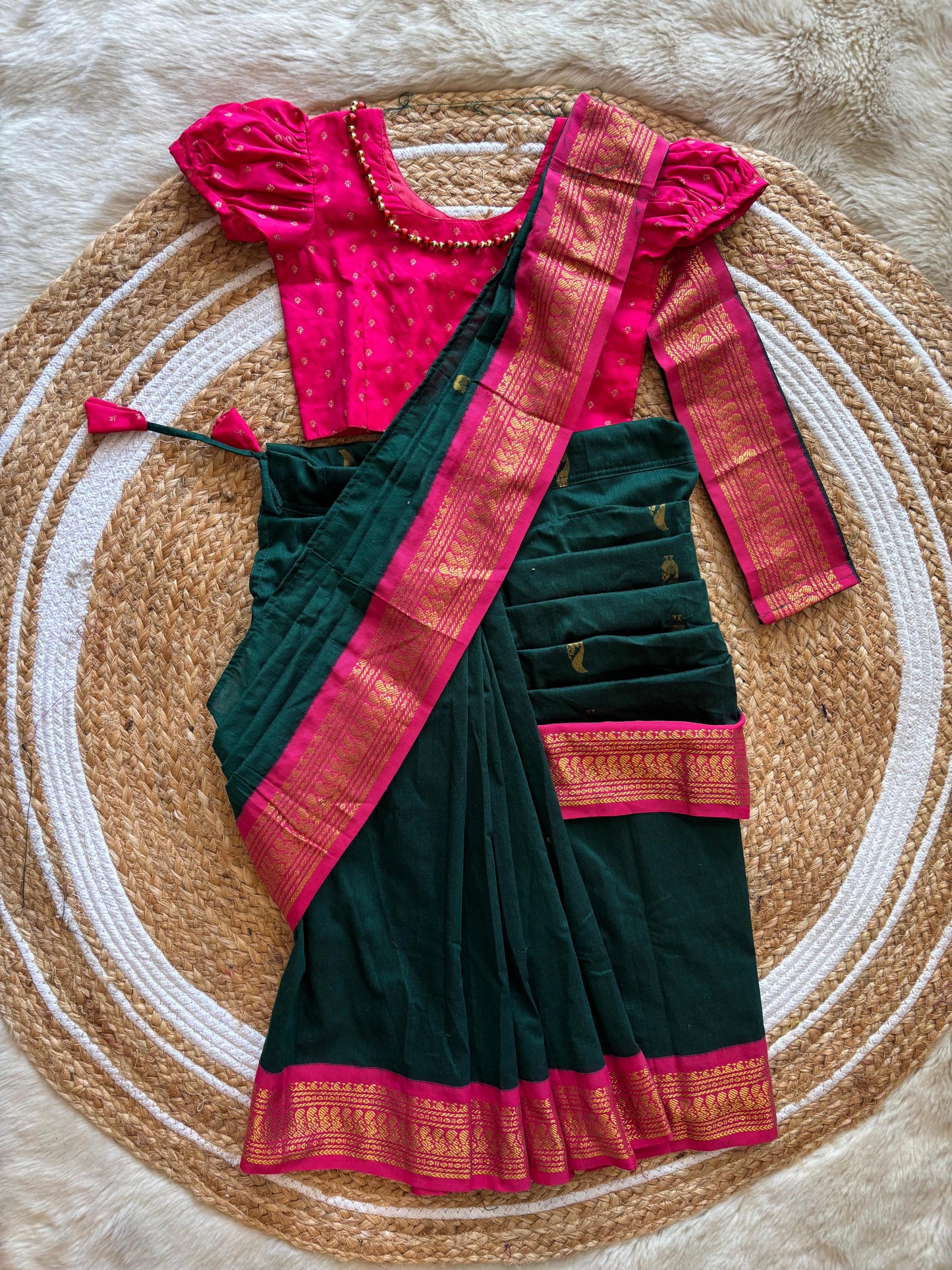Pink and bottle green  - Ready to wear saree for kids Ethnic wear for baby girl