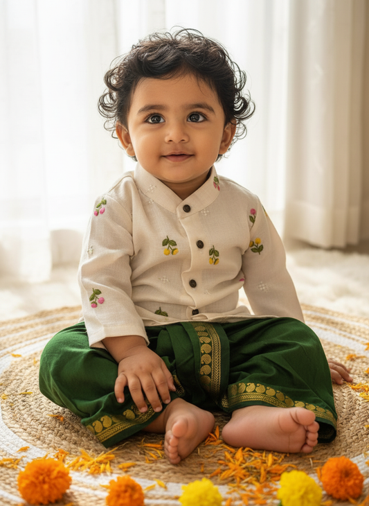 Pure Linen White and Bottle green Kurta Dhoti for baby boy