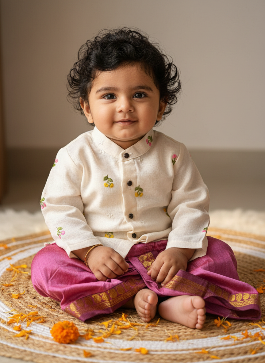 Pure Linen White with pink Kurta Dhoti for baby boy