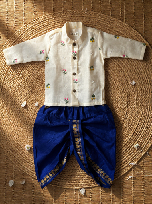 Pure Linen White with royal blue Kurta Dhoti ethnic wear for baby boy