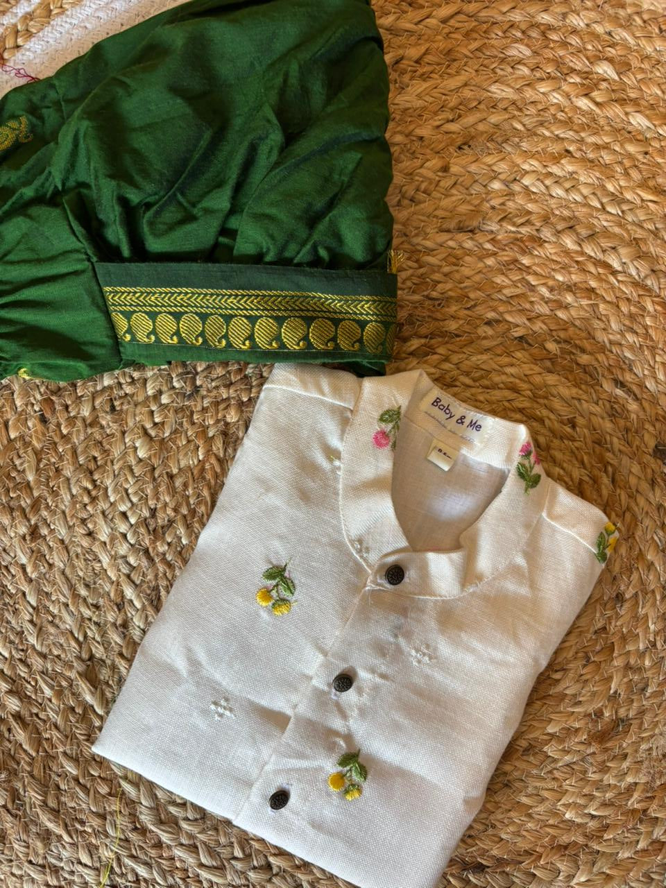 Pure Linen White and Bottle green Kurta Dhoti for baby boy