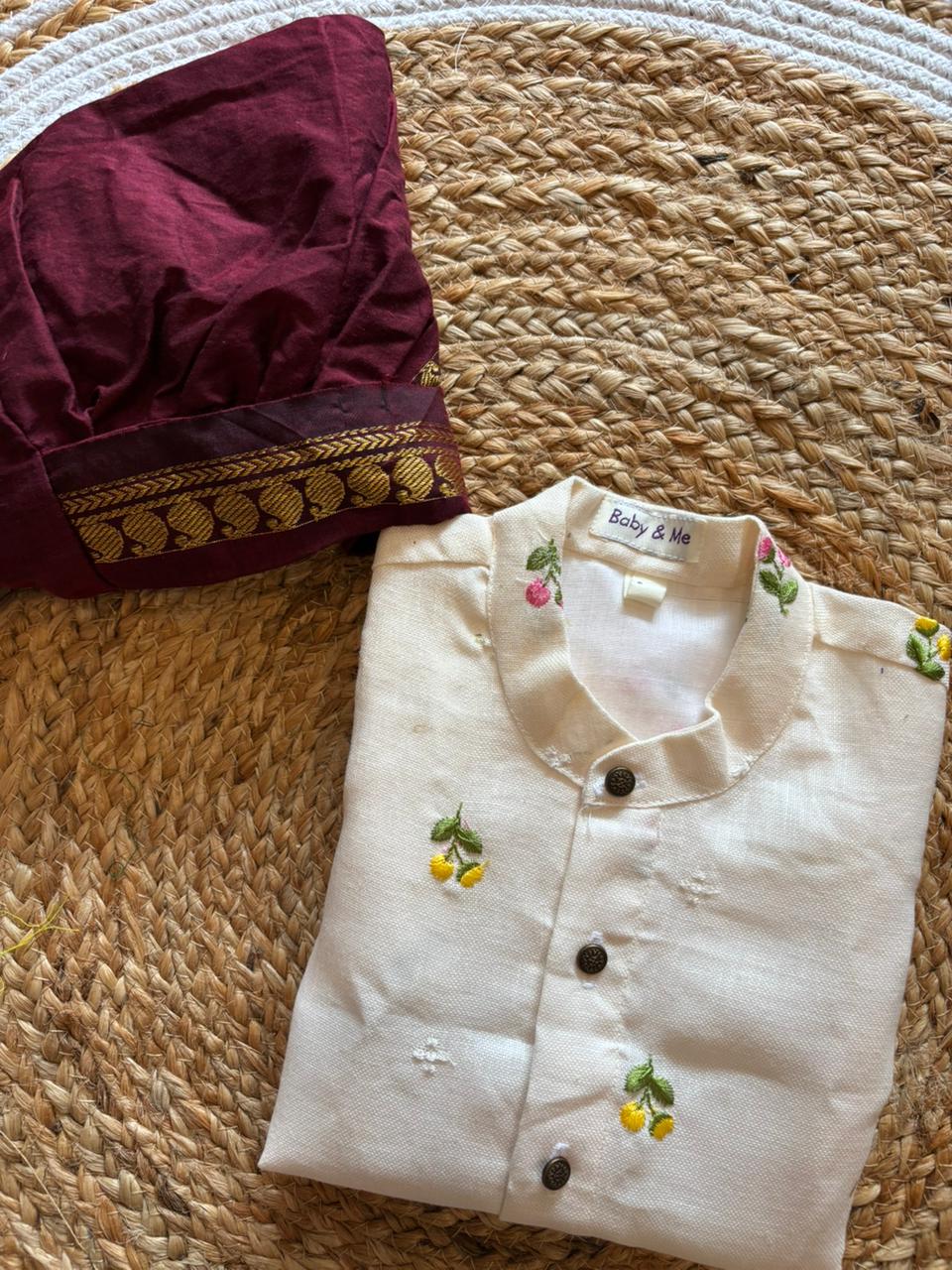 Pure Linen White and Maroon Kurta Dhoti for baby boy