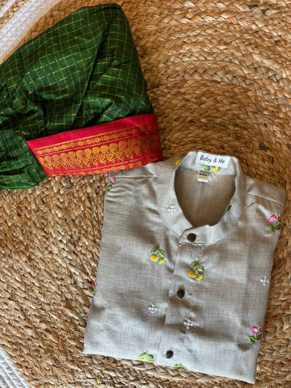 Pure Linen Grey and Bottle green red zari Kurta Dhoti for baby boy