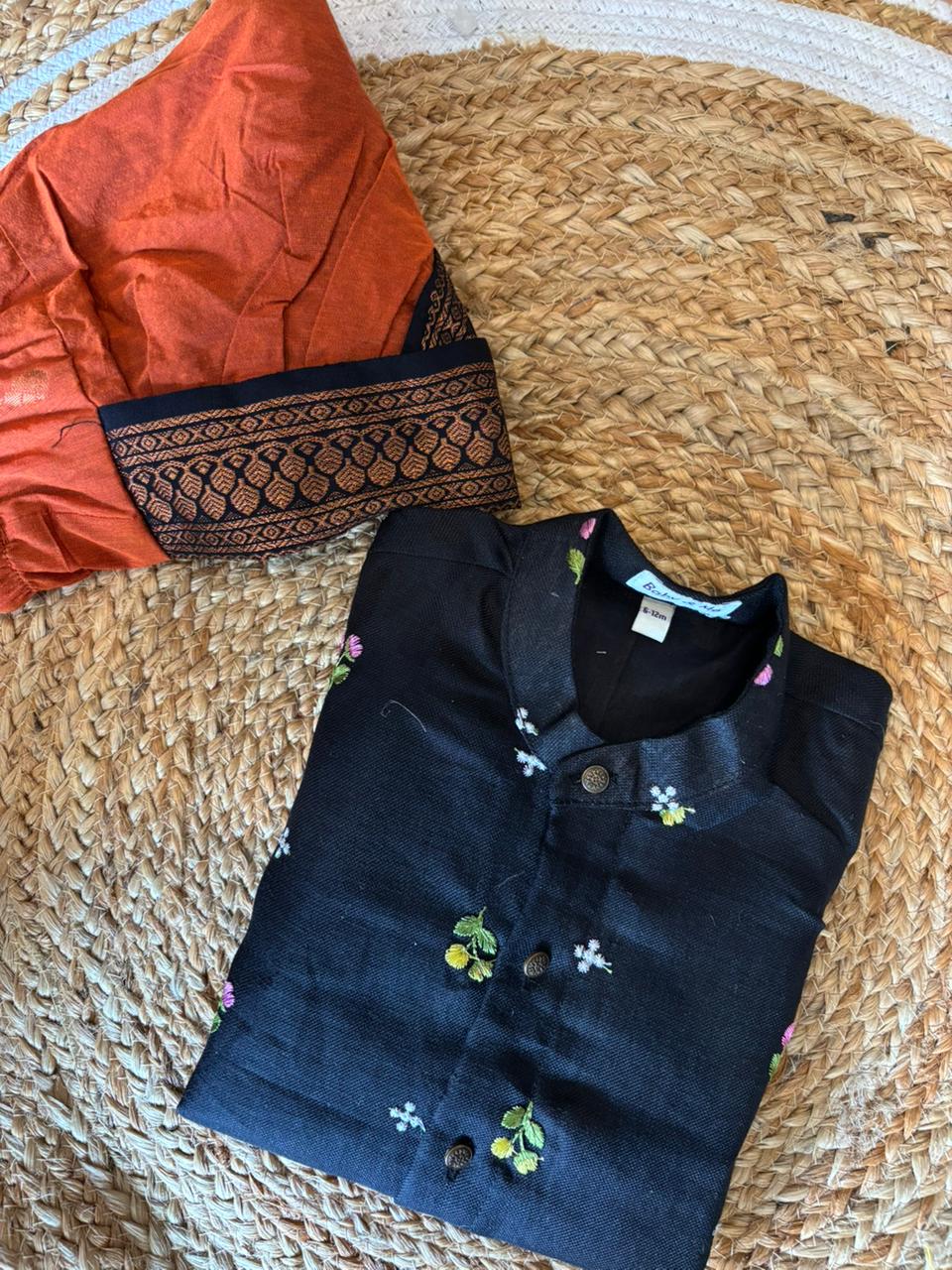 Pure Linen Black and Rusty orange Kurta Dhoti for baby boy