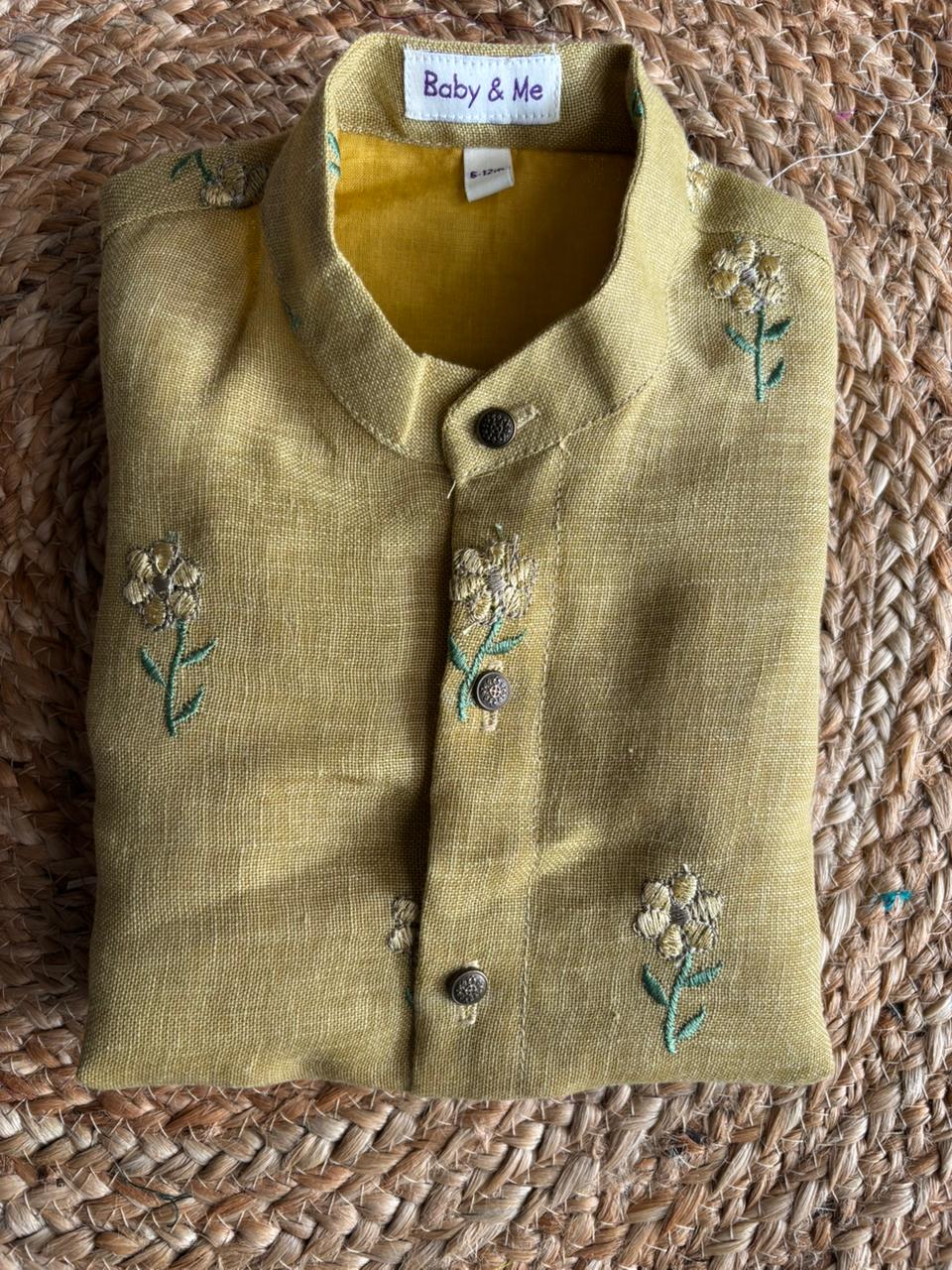 Pastel yellow Linen Kurta for baby boy ethnic top wear