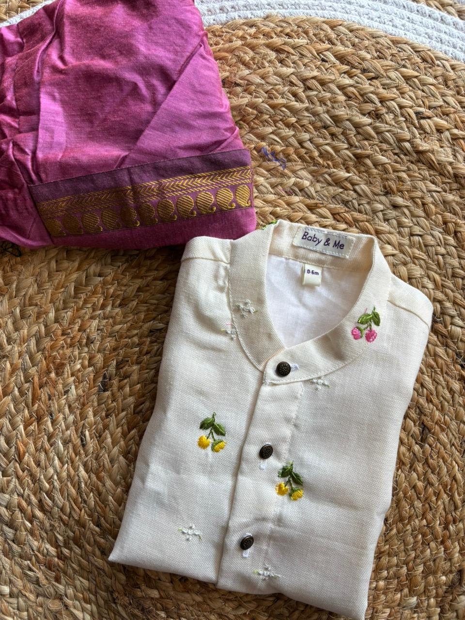 Pure Linen White with pink Kurta Dhoti for baby boy