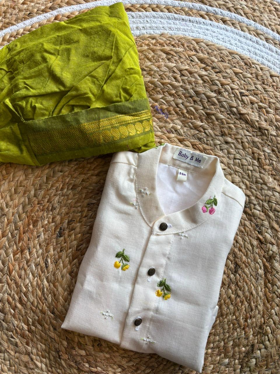 Pure Linen White with Green Kurta Dhoti for baby boy