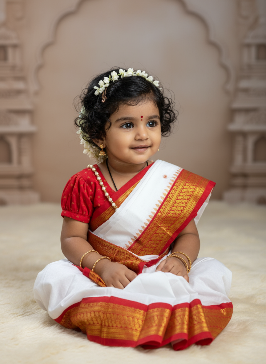 White And Red  - Ready to wear saree for kids Ethnic wear for baby girl