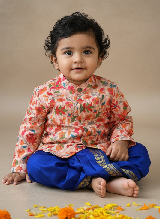 Traditional Indian Multi floral Autumn with Royal Blue kurta dhoti baby boy ethnic wear