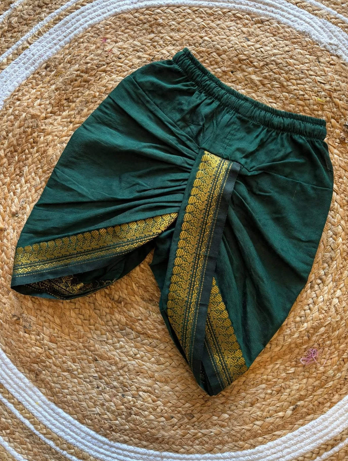 Bottle green with zari border cotton silk dhoti baby boy ethnic bottom wear