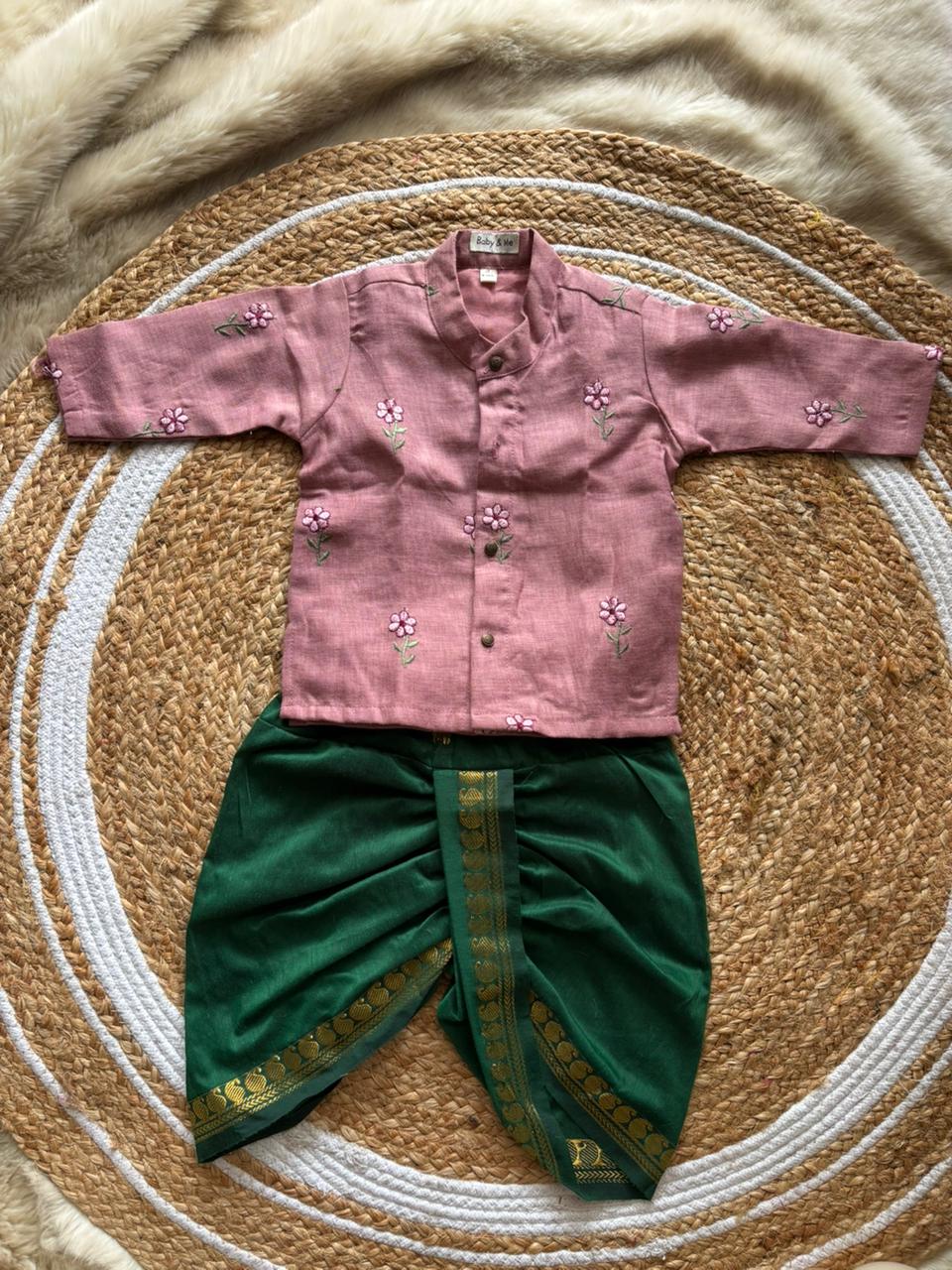 Pure Linen Pastel pink with Bottle Green Kurta Dhoti for baby boy