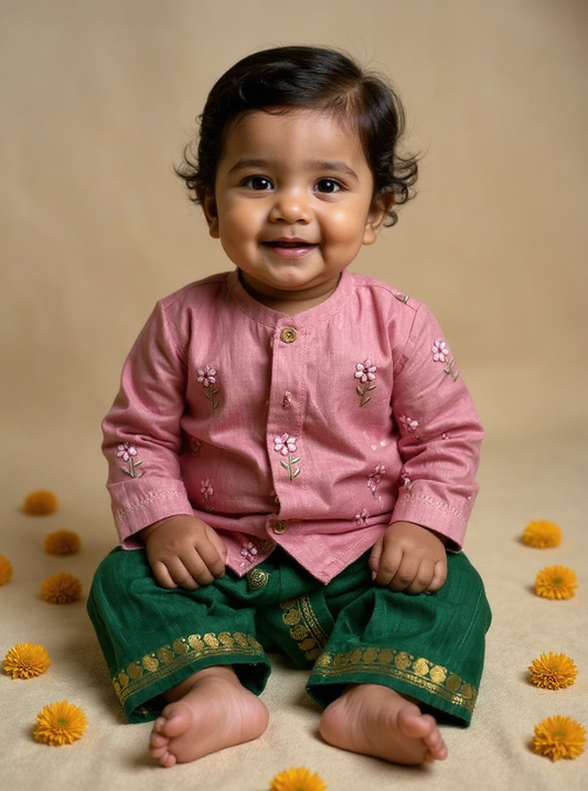 Pure Linen Pastel pink with Bottle Green Kurta Dhoti for baby boy