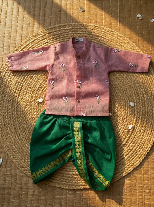 Pure Linen Pastel pink with Bottle Green Kurta Dhoti for baby boy