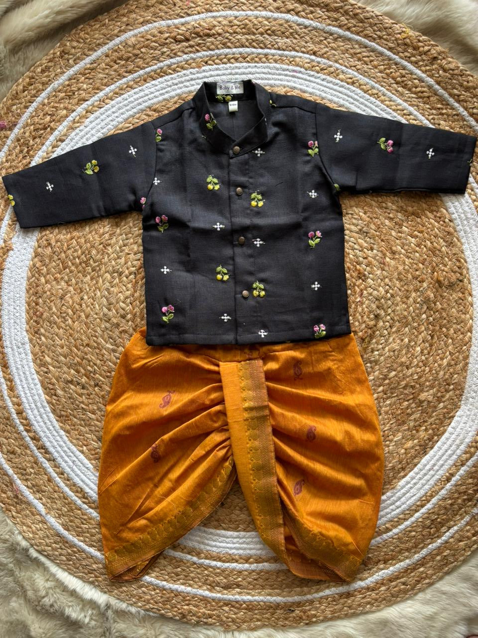 Pure Linen Black with Mustard yellow Kurta Dhoti for baby boy