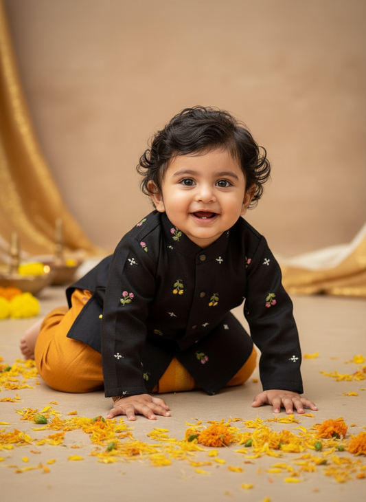 Pure Linen Black with Mustard yellow Kurta Dhoti for baby boy