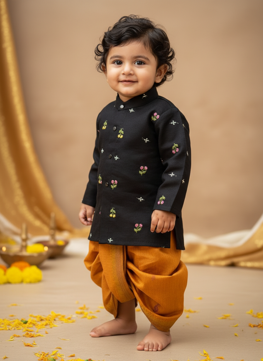 Pure Linen Black with Mustard yellow Kurta Dhoti for baby boy