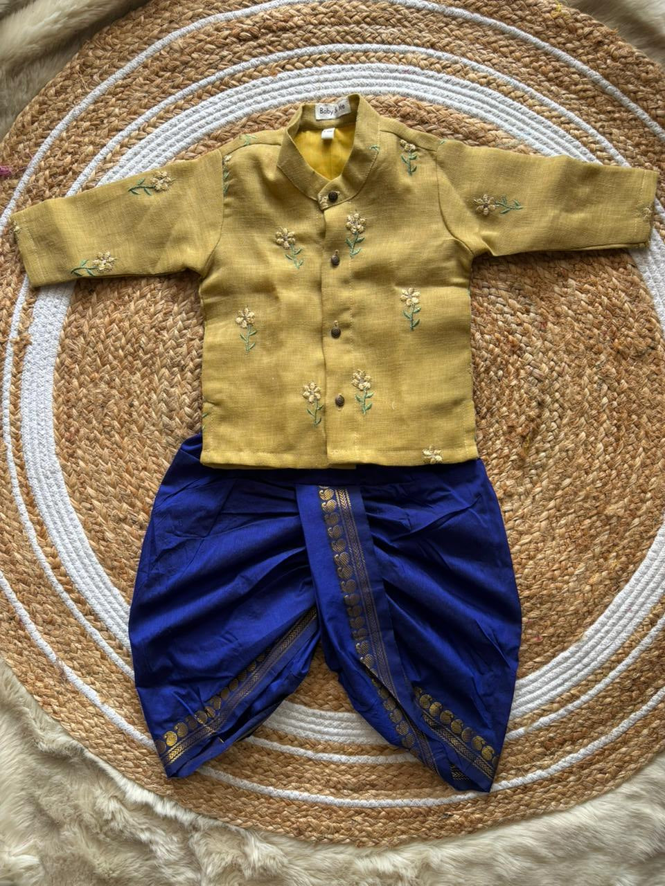 Pure Linen Yellow with Royal blue Kurta Dhoti for baby boy