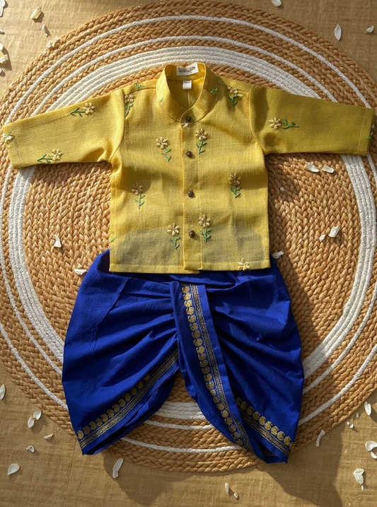 Pure Linen Yellow with Royal blue Kurta Dhoti for baby boy