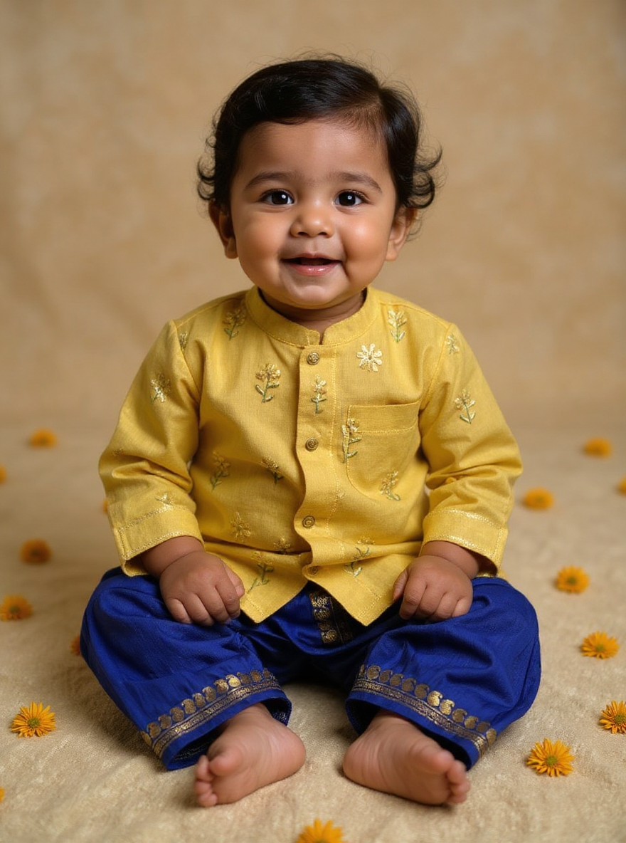 Pure Linen Yellow with Royal blue Kurta Dhoti for baby boy