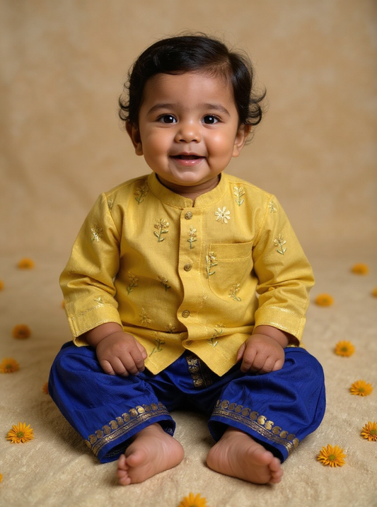 Pure Linen Yellow with Royal blue Kurta Dhoti for baby boy