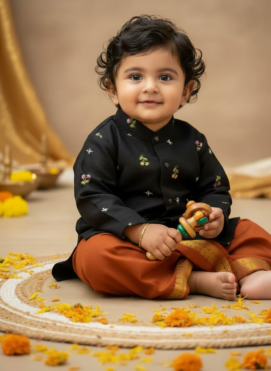 Pure Linen Black with saffron orange Kurta Dhoti for baby boy