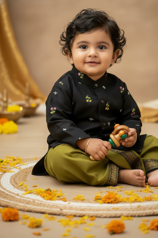 Pure Linen Black with mehendi green Kurta Dhoti ethnic wear for baby boy