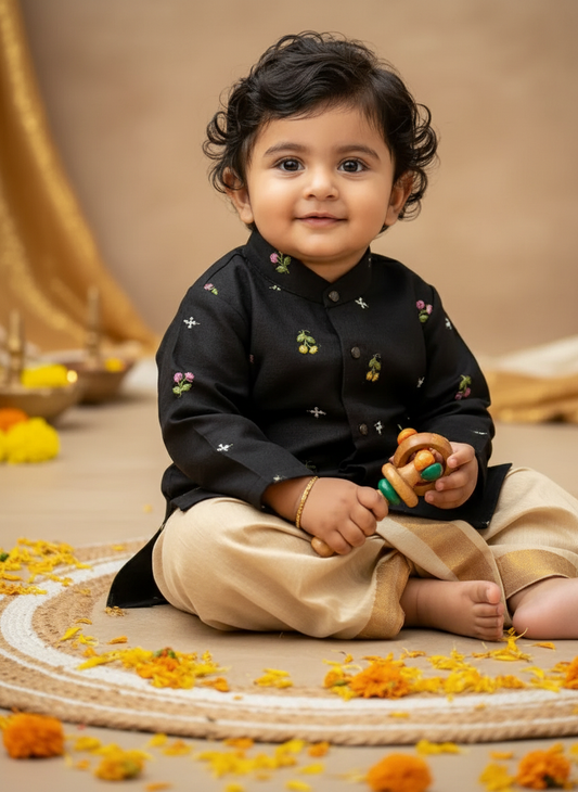 Pure Linen Black with Kerala Kasavu gold Kurta Dhoti for baby boy