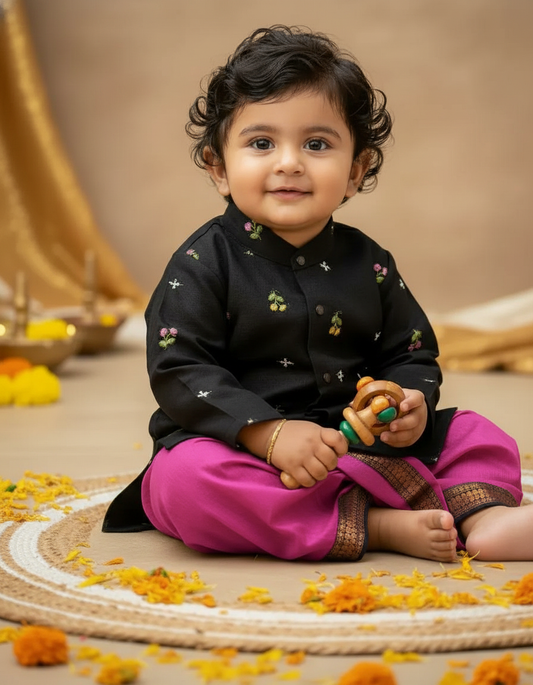 Pure Linen Black with vintage pink Kurta Dhoti ethnic wear for baby boy