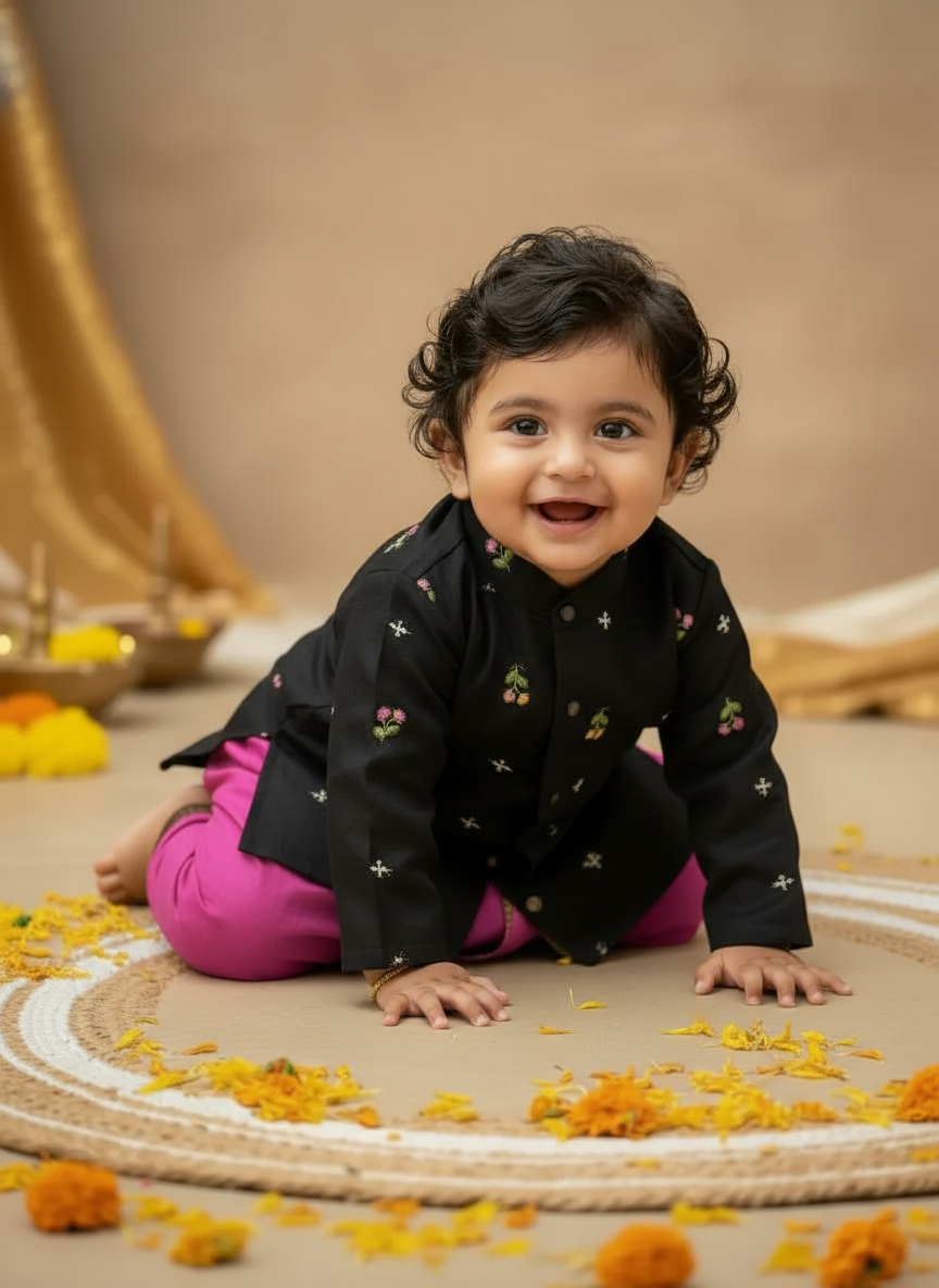 Pure Linen Black with vintage pink Kurta Dhoti ethnic wear for baby boy